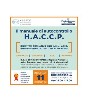 Come funziona il manuale di autocontrollo Haccp: incontro informativo con l'Asl Vco sulla normativa regionale. La partecipazione è gratuita