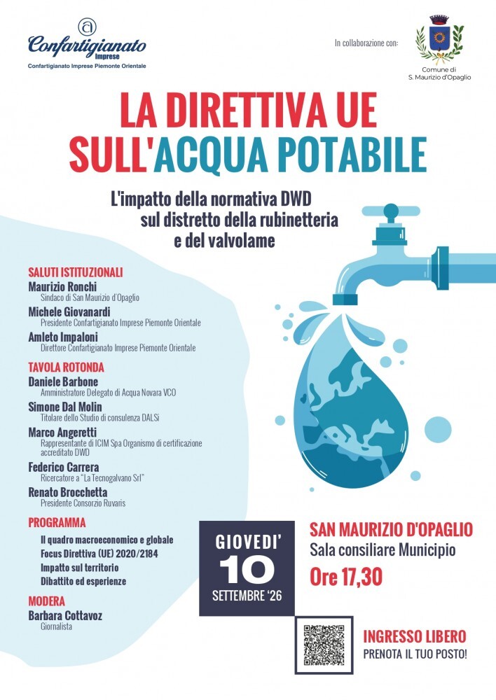 Incontro su una norma cruciale per le imprese: "La Direttiva DWD - Acqua Potabile e l'impatto sul distretto di rubinetteria e valvolame"
